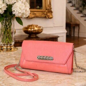 BRIGHTON Coral Pink Leather Convertible Wallet Crossbody Purse w/ Chain Strap